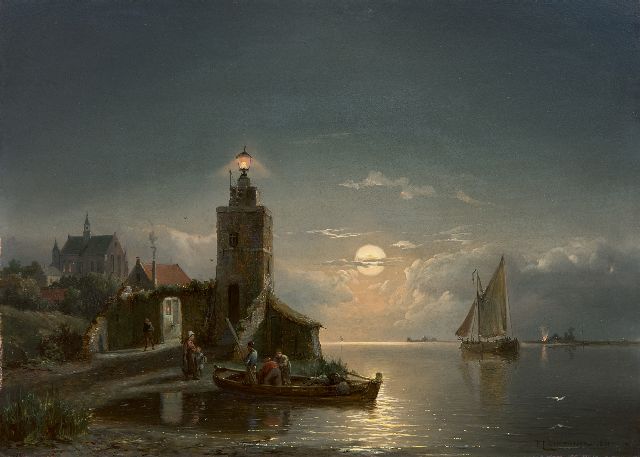 Dommershuijzen P.C.  | A lighthouse by night, oil on panel 27.4 x 38.0 cm, signed l.r. and dated 1881
