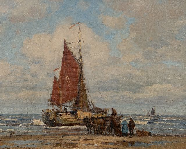 Wilhem Hambüchen | Fishing vessel in the surf, Katwijk, oil on canvas, 50.0 x 60.5 cm, signed l.l. and without frame