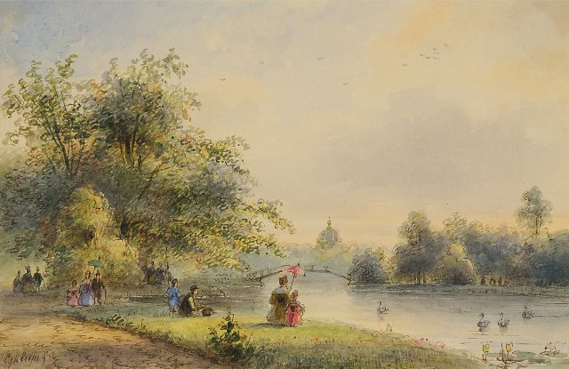 Lodewijk Johannes Kleijn | Figures near the pond of Huis ten Bosch in The Hague, watercolour on paper, 14.0 x 21.5 cm, signed l.l. and on the reverse