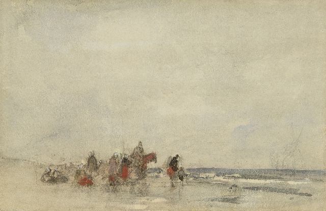 Maris J.H.  | Fisher women on the beach, chalk and watercolour on paper 21.0 x 28.7 cm