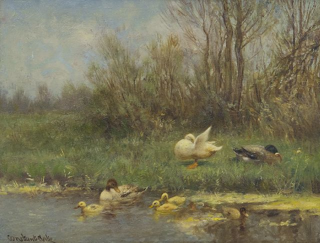 Constant Artz | Ducks and ducklings on a river bank, oil on panel, 18.1 x 23.9 cm, signed l.l. and without frame