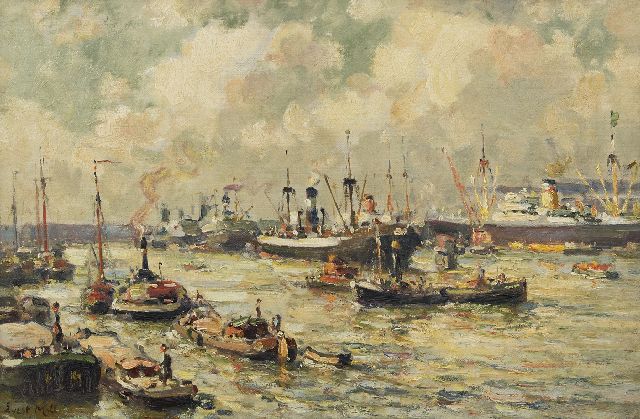 Evert Moll | Activity in the Rotterdam harbour, oil on canvas, 40.1 x 60.5 cm, signed l.l.