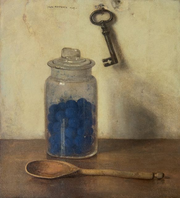 Bogaerts J.J.M.  | A glass jar with blue starch, oil on canvas 36.0 x 32.9 cm, signed u.c. and dated 1937