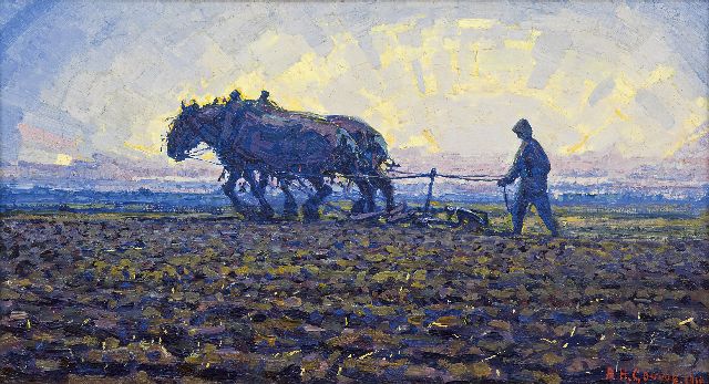 Gouwe A.H.  | At sunset, South Limburg, oil on canvas 25.0 x 45.6 cm, signed l.r. and dated 1916