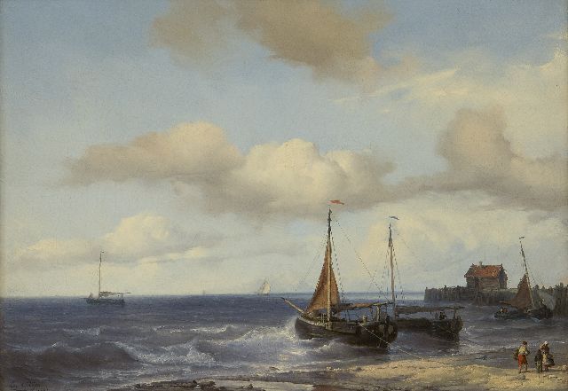 Louis Meijer | Fishing ships in the breakers, oil on canvas, 32.4 x 46.0 cm, signed l.l. and dated 1847