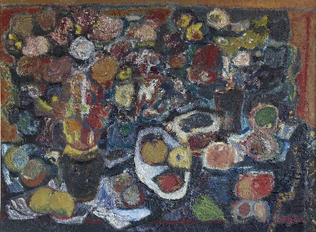 Min J.  | Still life with fruit and flowers, oil on canvas 75.0 x 100.0 cm, signed l.r.