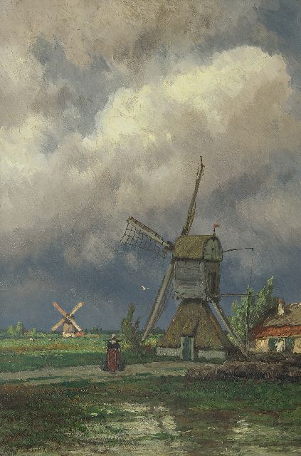 Koekkoek J.H.B.  | Mills in the polder near Kortenhoef, oil on panel 49.5 x 33.0 cm, signed l.l.