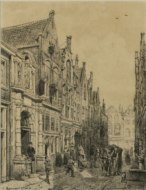 Springer C.  | The  Vriesestraat in Dordrecht with the entrance of the Gemeenteschool, charcoal on paper 50.7 x 39.6 cm, signed l.l. and dated 1 Nov. '82