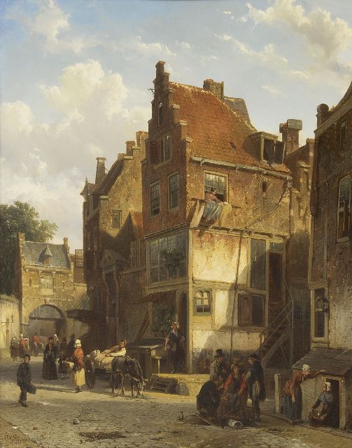 Springer C.  | Daily activities in a Dutch town, oil on panel 49.0 x 39.0 cm, signed l.l., l.r. and on the reverse and dated '58