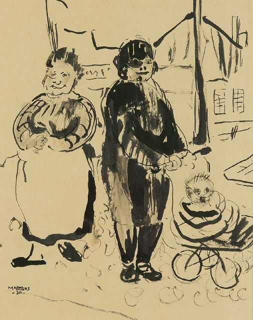 George Martens | Two women and a pram, ink on paper, 26.0 x 21.2 cm, signed l.l. and dated '34