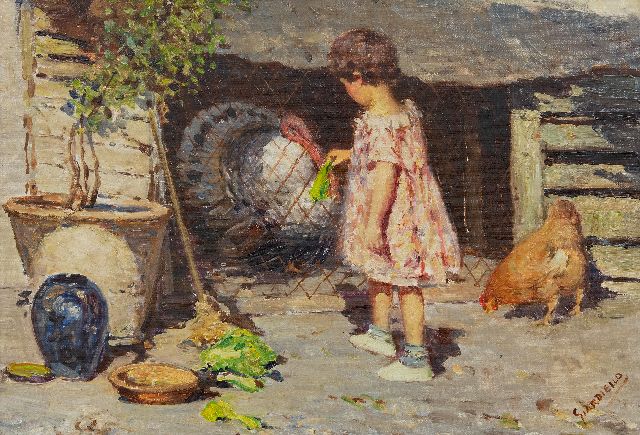 Giardiello G.  | Girl with a turkey, oil on canvas 34.5 x 50.5 cm, signed l.r.