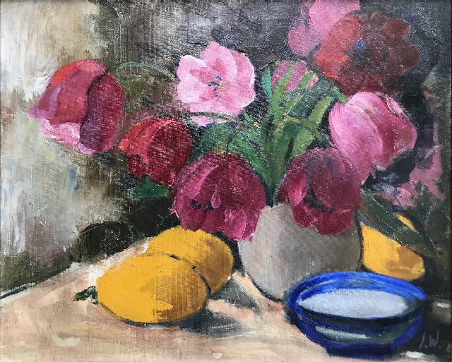 Jan Wiegers | A still life with tulips, oil on canvas, 45.1 x 55.0 cm, signed l.r. with initials
