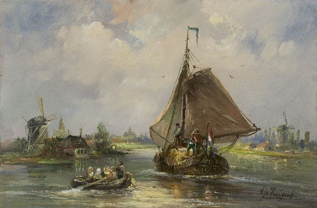 Prooijen A.J. van | A view of a river with a hayship, oil on panel 21.2 x 32.0 cm, signed l.r.