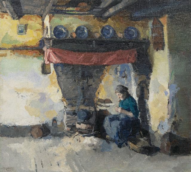 Beever E.S. van | A farmers wife peeling potatoes, oil on canvas 42.4 x 47.4 cm, signed l.l. and without frame