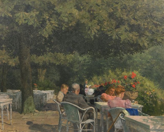 Louis Schutte | A summer afternoon on the terrace, oil on canvas, 77.7 x 94.5 cm, signed l.l.