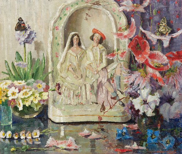Lucie van Dam van Isselt | Still life with flowers, butterflies and wedding figurine, oil on panel, 45.2 x 53.2 cm, signed r.u.