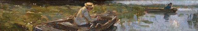 Hendrik Willebrord Jansen | Visser in bootje langs de kant i.o., olieverf op board, 9,0 x 54,0 cm, gesigneerd l.o.
