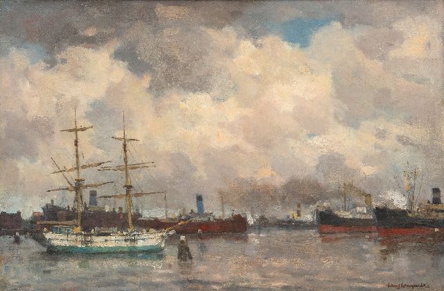 Frans Langeveld | Rotterdam harbour view seen from the Handelskade, oil on canvas, 40.3 x 60.7 cm, signed l.r. and on the reverse