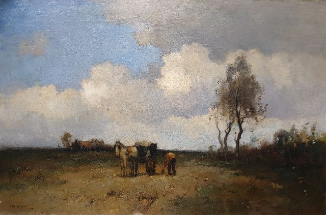 Knikker A.  | A landscape with a farmer digging sand, oil on canvas 50.2 x 74.8 cm, signed l.l. and without frame