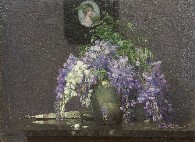 Bogaerts J.J.M.  | A still life with Wisteria and a miniature portrait, oil on canvas 40.3 x 55.1 cm, signed l.l. and dated 1917