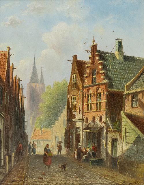 Spohler J.F.  | A sunlit Dutch street, oil on panel 18.9 x 14.9 cm, signed l.r.