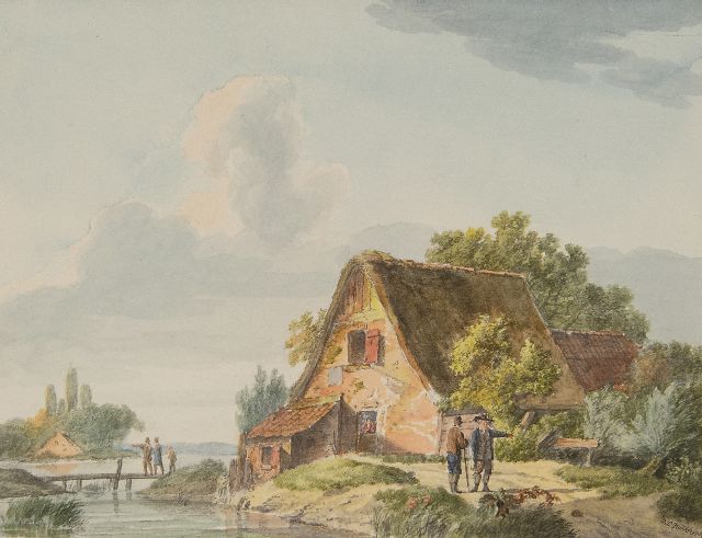 Barend Cornelis Koekkoek | Travellers near a cottage by the river, watercolour on paper, 14.7 x 19.4 cm, signed l.r.