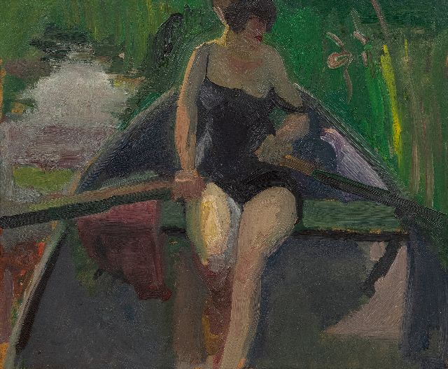 Harrie Kuijten | De vrouw van de kunstenaar, Leni, roeiend op een zomerdag, olieverf op board op paneel, 37,9 x 45,8 cm, gesigneerd l.o. en te dateren ca. 1928