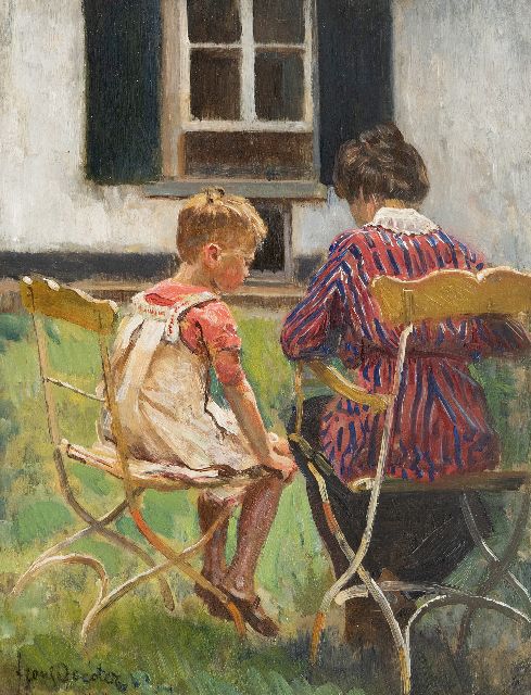 Oerder F.D.  | Mother and daughter in the garden, oil on panel 37.1 x 28.5 cm, signed l.l.