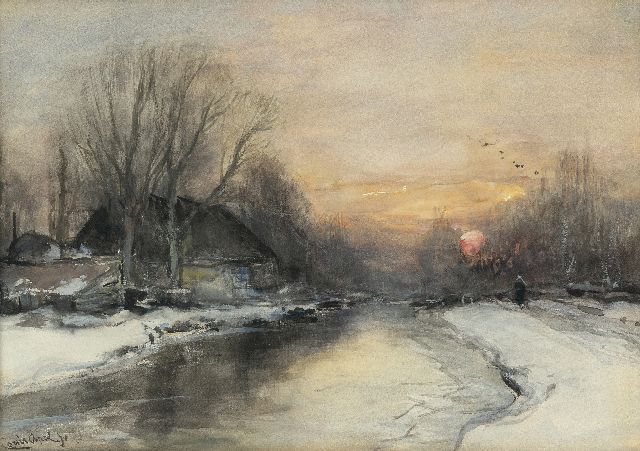 Apol L.F.H.  | A snowy riverbank at sunset, watercolour on paper 25.3 x 35.4 cm, signed l.l.