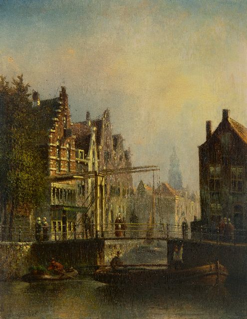 Johannes Franciscus Spohler | A Dutch town with a drawbridge, oil on panel, 20.4 x 16.0 cm, signed l.l.
