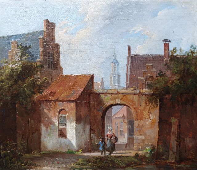 Springer C.  | A sunny town view, oil on panel 13.7 x 16.1 cm, signed l.l. with mon. and in full on a label on the rev. and painted ca. 1838-1840