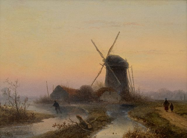 Hoppenbrouwers J.F.  | A windmill along a frozen waterway, oil on panel 24.0 x 32.1 cm, signed l.l.