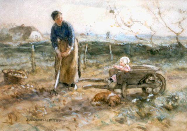 Zoetelief Tromp J.  | Digging up potatoes, watercolour on paper 27.0 x 37.5 cm, signed l.l.