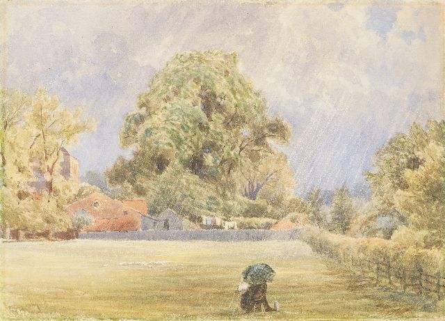 Gabriel P.J.C.  | Schilder onder paraplu in Italiaans landschap, aquarel op papier 25,7 x 35,4 cm, gesigneerd l.o.