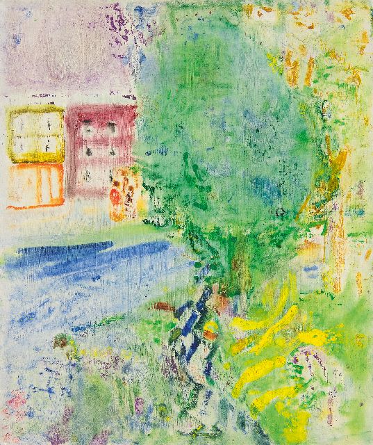Hansen J.G.  | Hauses, children; tree and water, with petrol diluted oil paint on panel 60.5 x 50.6 cm, signed on the reverse and dated on the reverse 18 and 19 mei 1951 and 1955