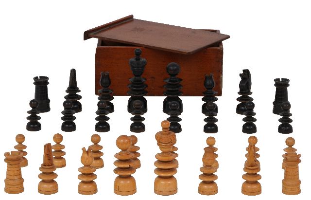 Schaakset, opbergdoos | Schaakset in 'St.-George' stijl n mahoniehouten doos, Engeland., palmhout, 8,3 x 3,8 cm, te dateren ca. 1830