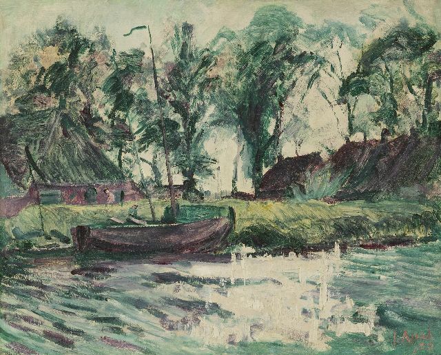 Jan Altink | A moored sailing ship near farmhouses, wax paint on canvas, 43.0 x 54.4 cm, signed l.r. and dated '29