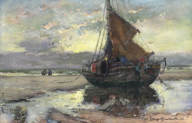 Morgenstjerne Munthe | Fishing vessel on the beach, watercolour and gouache on paper, 32.3 x 49.5 cm, signed l.r. and dated 1912