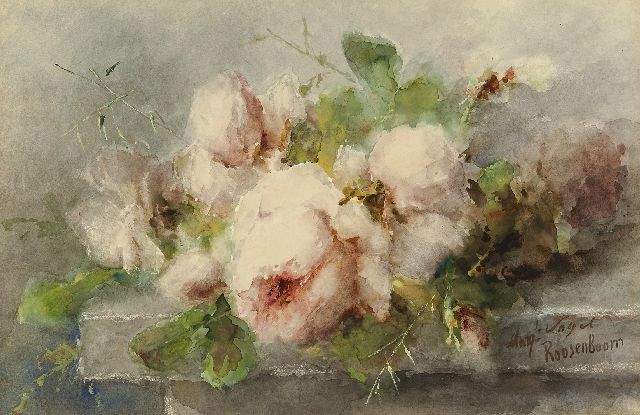 Margaretha Roosenboom | Pink roses on a stone ledge, watercolour and gouache on paper, 35.1 x 53.3 cm, signed l.r.