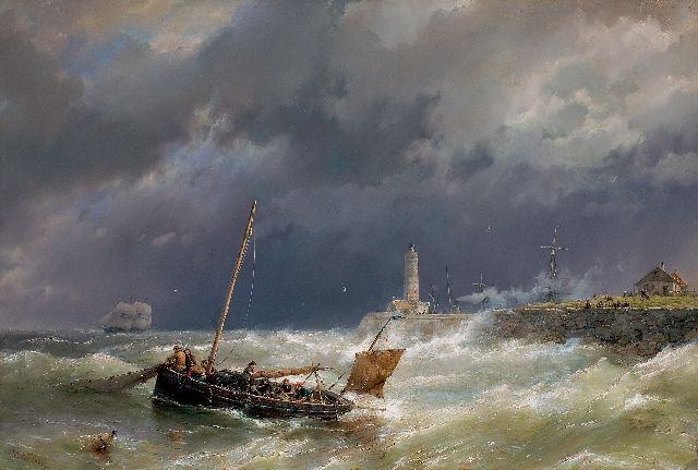 Koekkoek H.  | Gathering the nets on a stormy sea, oil on canvas 67.4 x 100.7 cm, signed l.l.