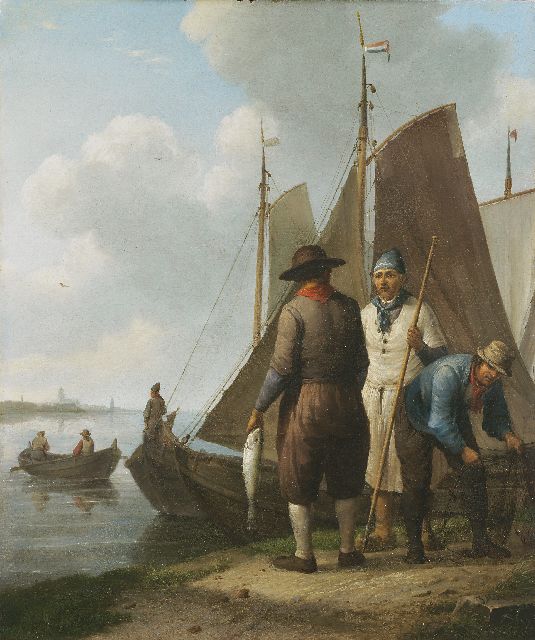Johannes Hermanus Koekkoek | Fishermen with their catch, oil on panel, 36.4 x 30.6 cm, signed l.r. and painted ca. 1834