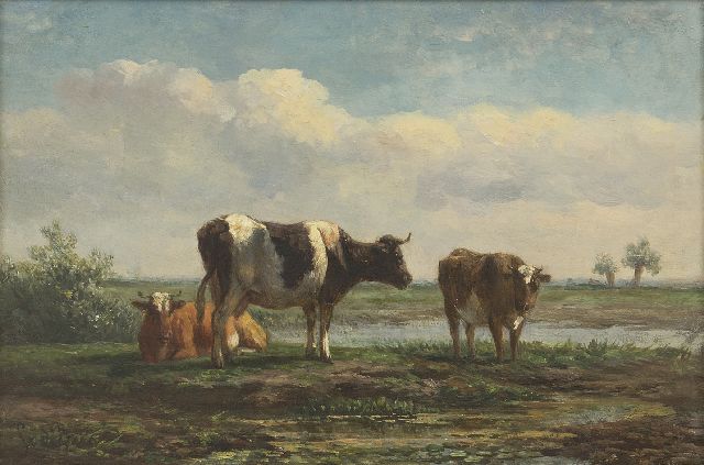 Berg S. van den | Cattle in a polder landscape, oil on panel 17.6 x 26.0 cm, signed l.l.