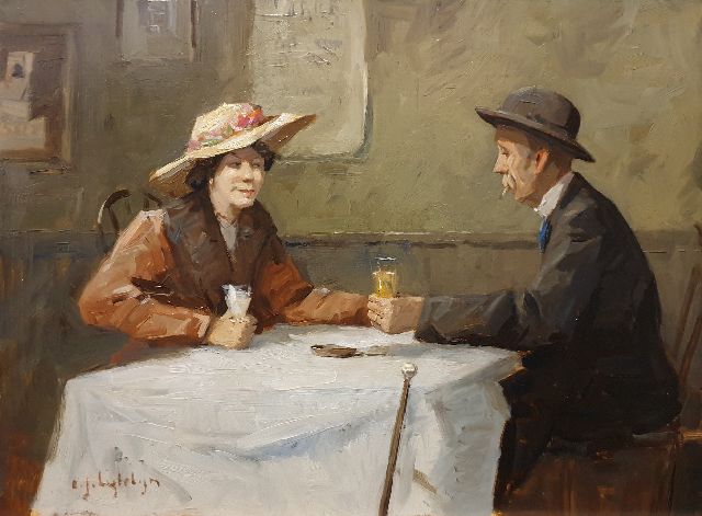 Ligtelijn E.J.  | Man and woman in a café, oil on panel 34.9 x 46.8 cm, signed l.l.