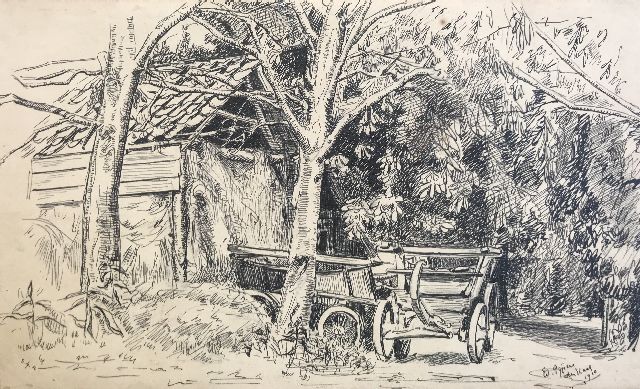 Pijpers E.E.  | Horse carriages on a farmyard, pen on paper 14.6 x 24.0 cm, signed l.r. and dated 'Den Haag' 1910