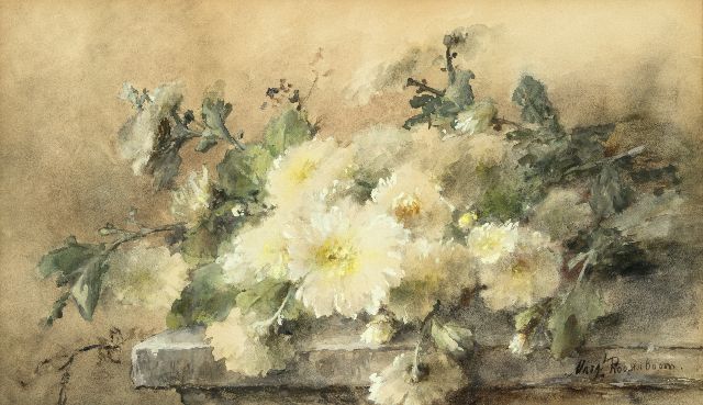 Margaretha Roosenboom | White chrysanthemums on a stone ledge, watercolour on paper, 44.6 x 74.9 cm, signed l.r.
