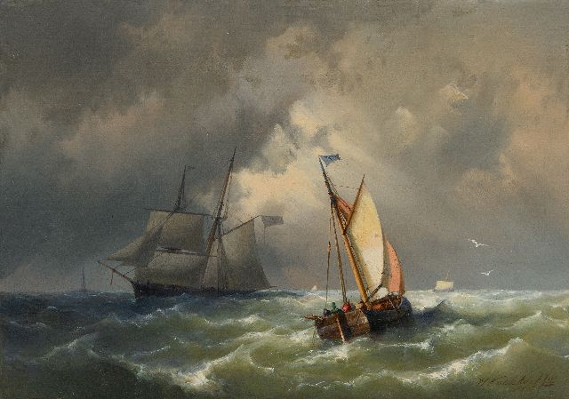 Koekkoek jr. H.  | Sailing ships on a choppy sea, oil on canvas 25.3 x 35.3 cm, signed l.r. and dated 1860