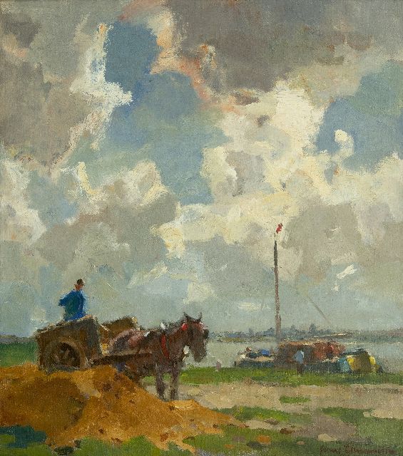Frans Langeveld | Sand digger along the river, oil on canvas, 49.9 x 45.3 cm, signed l.r.