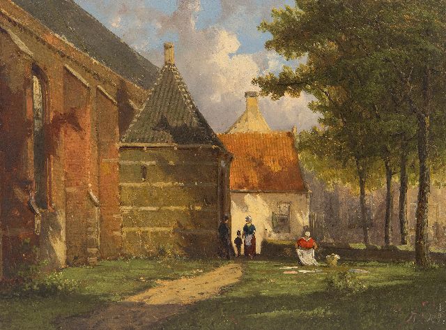 Koekkoek W.  | A sunny view of the Zuiderkerk in Enkhuizen, oil on panel 19.1 x 25.6 cm, signed l.r. with initials