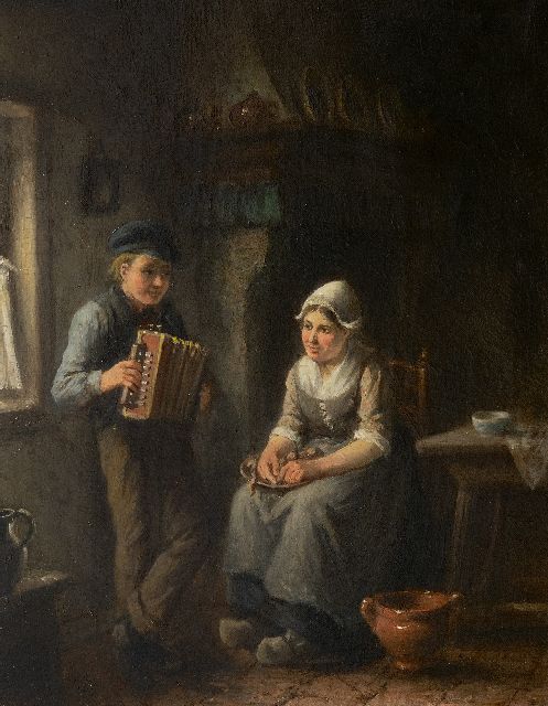 Damschreuder J.J.M.  | The young accordion player, oil on canvas 47.4 x 37.2 cm, signed l.l.
