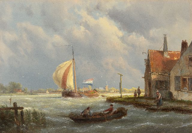 Koekkoek H.  | Sailing tjalk in sturdy weather, oil on panel 22.1 x 32.0 cm, signed c.r. on the house
